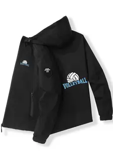 Sporty Volleyball Print Hooded Jacket, Premium Polyester Fiber, Slim-Fitting Casual Outerwear, Spring & Fall Fashion