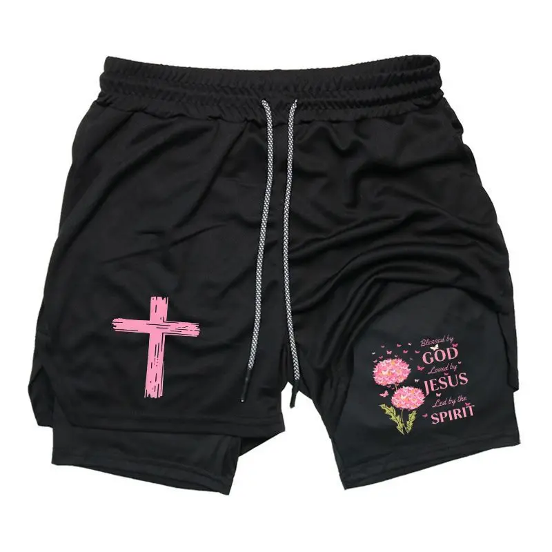 Men's 2-in-1 Athletic Workout Shorts with Jesus Graphic, Breathable Elastic Polyester with Built-in Liner and Zipper Pocket for Running