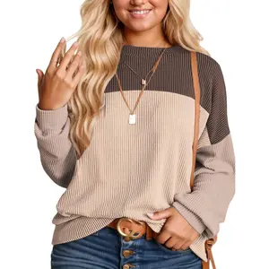 Plus Size Tops for Women Fall Long Sleeve Shirts Casual Color Block Crewneck Sweatshirts Oversized Ribbed Knit Tunic DPS1129