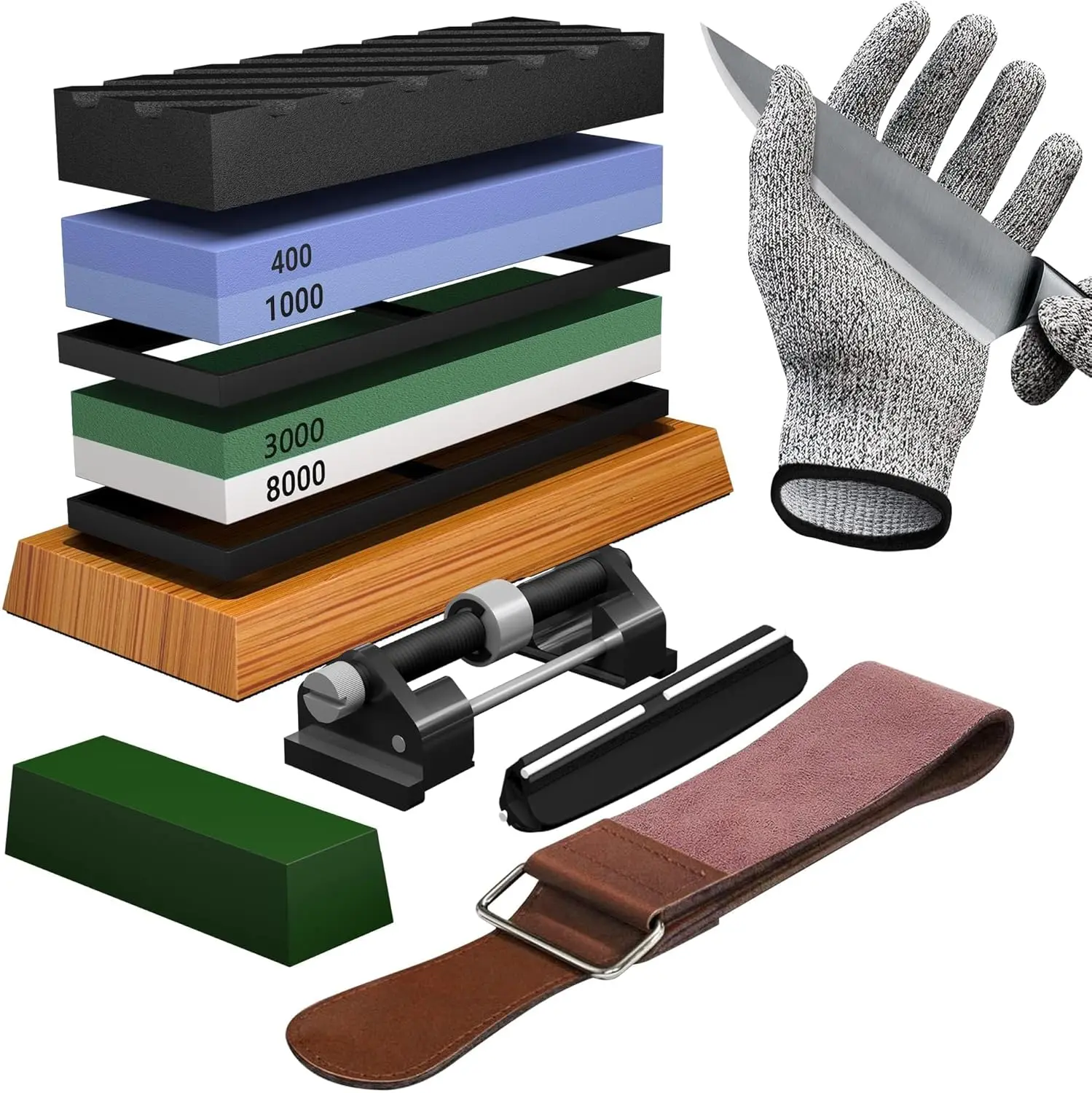 Sharpening Stone Set -  4 Side Grit 400/1000 3000/8000 Whetstone Sharpener Kit - Non-Slip  Base,Cut Resistant Gloves, Angle Guide,Flatting Stone,Honing Guide,Leather Strop