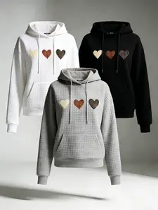 Women's clothing Heart & Patchwork Print Pullover, Casual Wear with Drawstring Hood & Relaxed Fit, Machine Washable, Waffle Fabric Women's Fashion Hoodie,Sweatshirt for Women,Summer Outfits for Women
