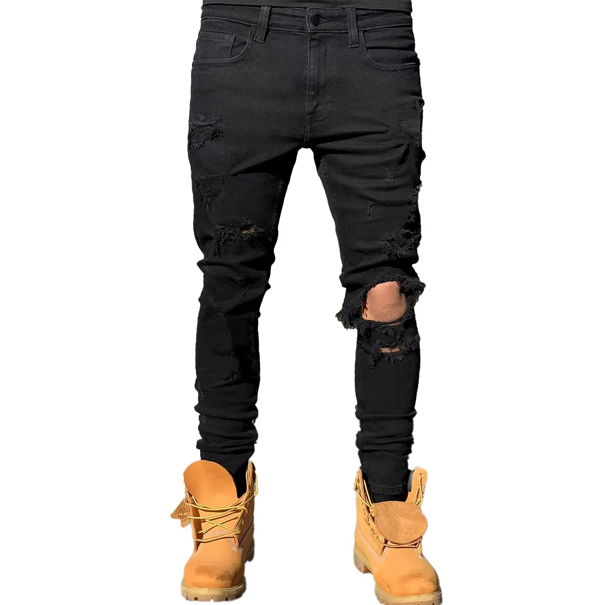 Men's Ripped Black Jeans, Lightweight Denim in a Slim Tapered Fit for Versatile Street Style, Shirts, Tops