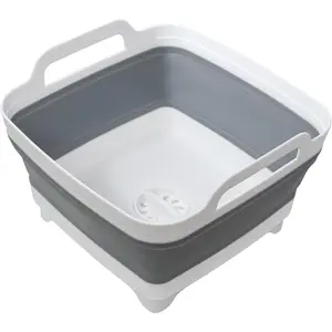Dishpan for Washing Dishes, 2.4Gal/9L Wash Basin with Draining Plug Carry Handles, Collapsible Bucket for Cleaning, Portable Sink, Foldable Plastic Tub