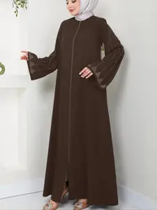 Elegant Woven Dress for Muslim Women, Modest Abaya Dress, Long Sleeve Loose Fit, Rhinestone Embellished Fashion, All Season Wearable