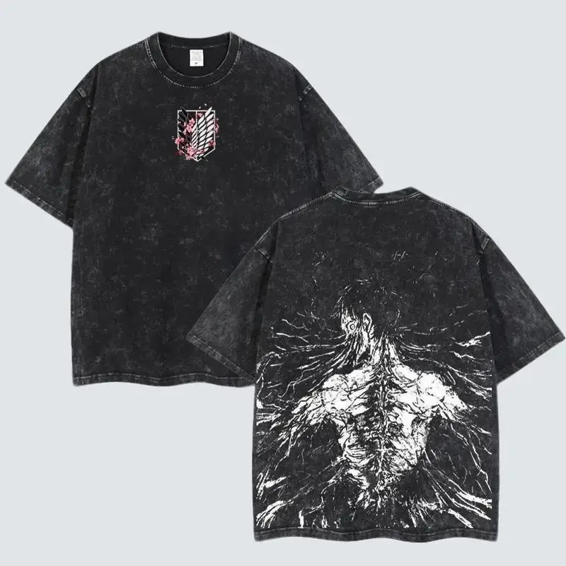 Retro Vintage Limited The Founding Titan Eren Yeager - Attack On Titan Anime Double Printed Washed Tee Unisex Oversize Anime Manga Acid Washed Lightweight Cotton T-Shirt