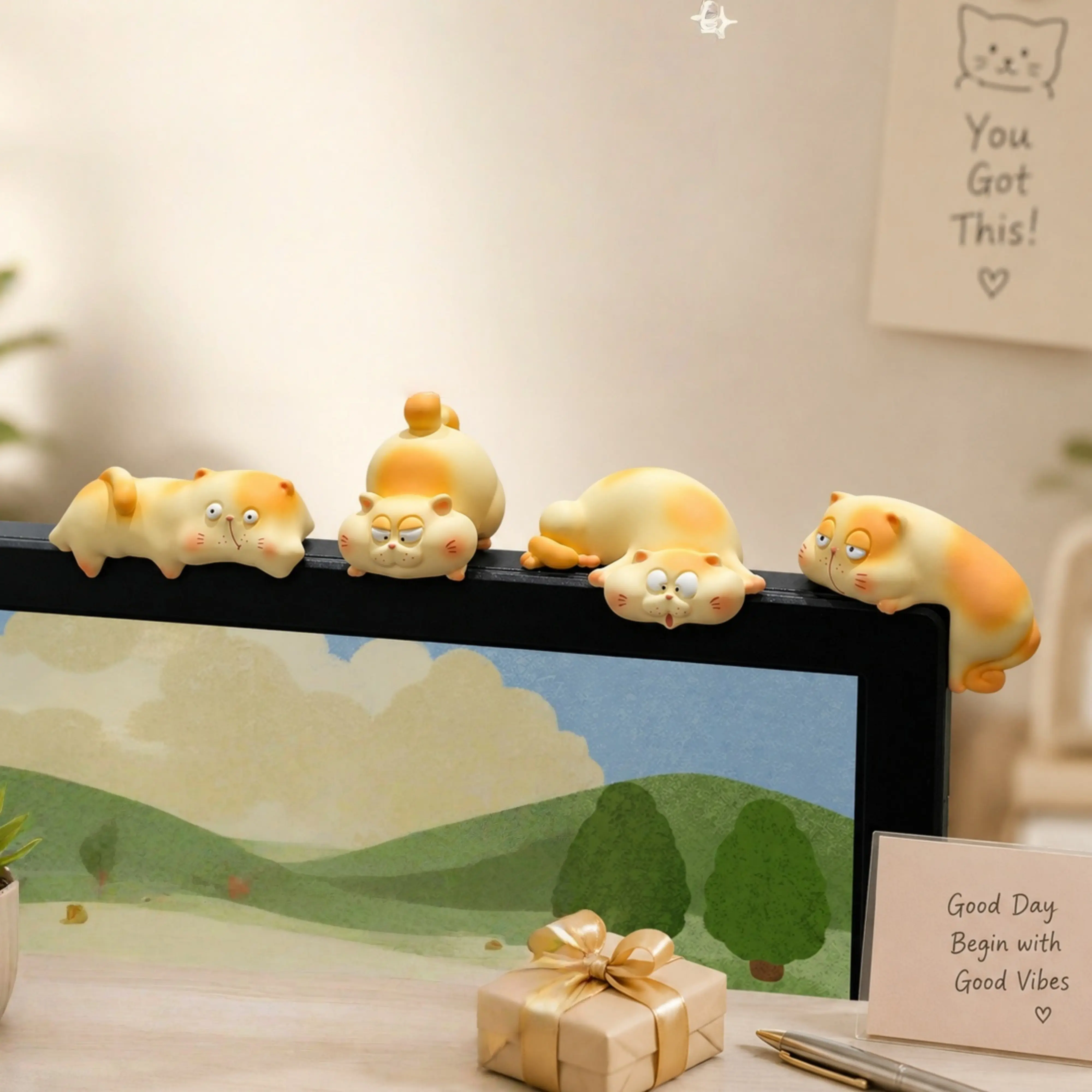4 PCS Chubby Cat Monitor Hanger Desk Decor Cute Screen Top Figurines Computer Monitor Decoration Funny Cat Desktop Accessories Office Cubicle Decor Gift for Cat Lovers