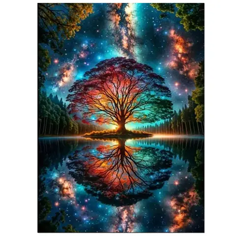 1pc 30x40cm(11.81x15.7 inch) Round Tree of Life Diamond Painting Kit - Frameless Universe Galaxy Reflection DIY Diamond Mosaic Embroidery Crafts, Waterproof Handicraft Hobbies Kit Adults for Living Room Wall Art (Toys & Hobbies DIY Needlework)