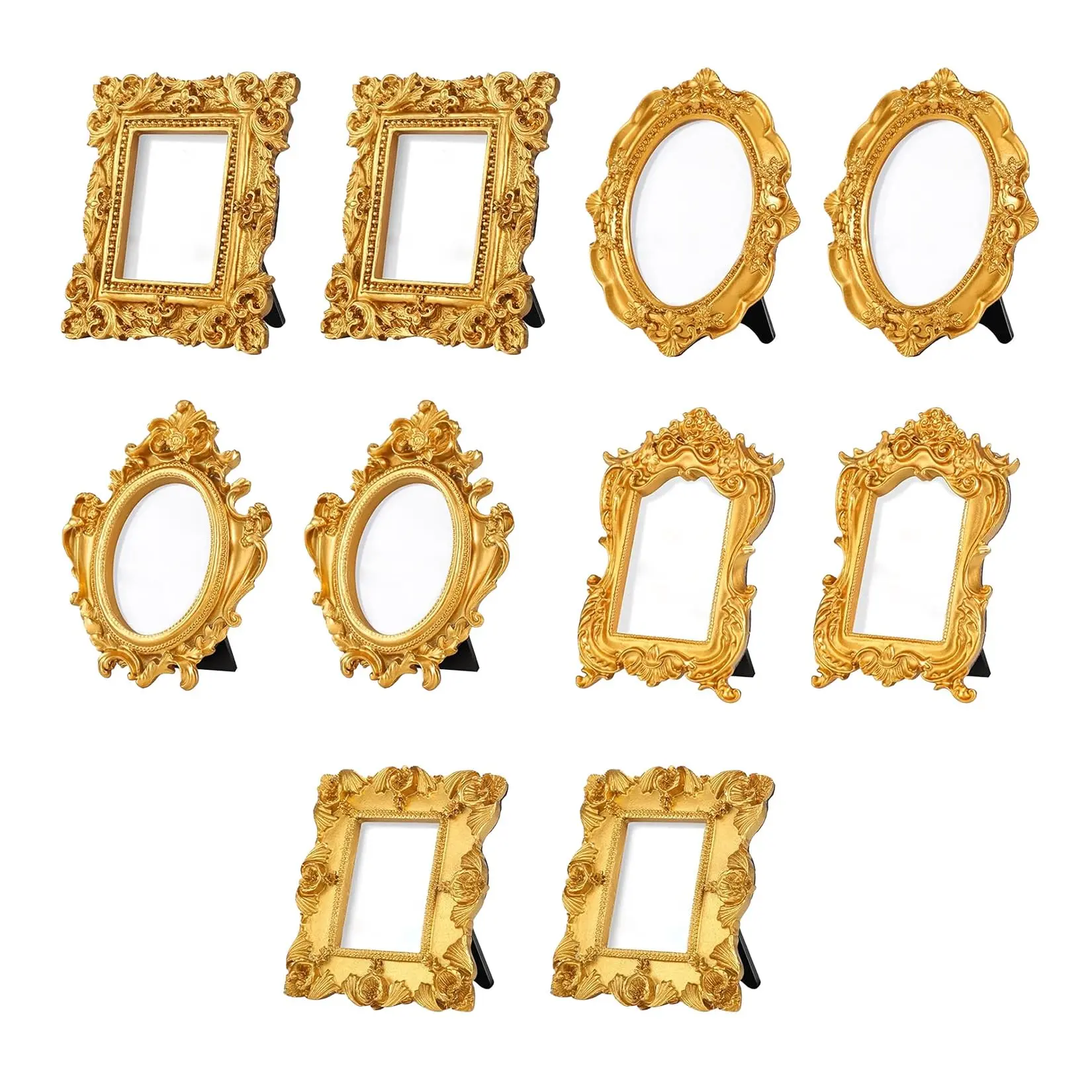 10-Piece Gold Vintage Resin Photo Frame Set, Baroque Style with 5 Different Designs – Mini Tabletop Frames for Photos, Table Numbers & Cards