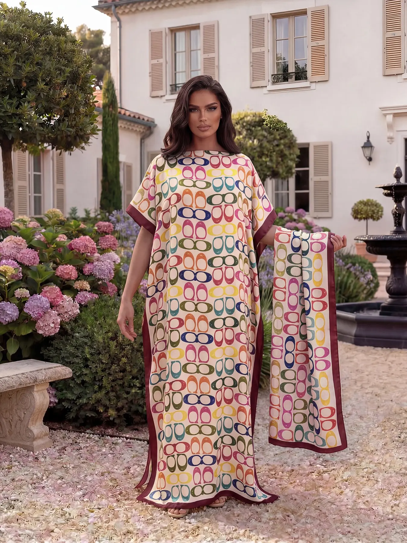 Women's Elegant Chic Geometric Print Robe Set, Casual Fitted Long Dress & Scarf, Beach Sun Protection Satin Silk Matching Set Shawl
