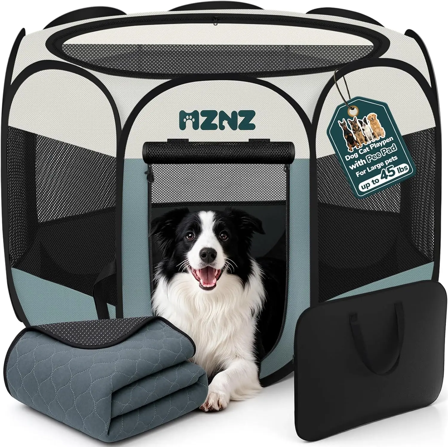 Portable Pop-Up Pet Playpen Large Size, 45"x45" Foldable Octagonal Dog Cat Exercise Play Pen, 600D Oxford Breathable Mesh, Removable Zipper Top & Washable Pee Pad, Lightweight Travel Pet Crate for Indoor Outdoor Puppy Kitten Small Animals