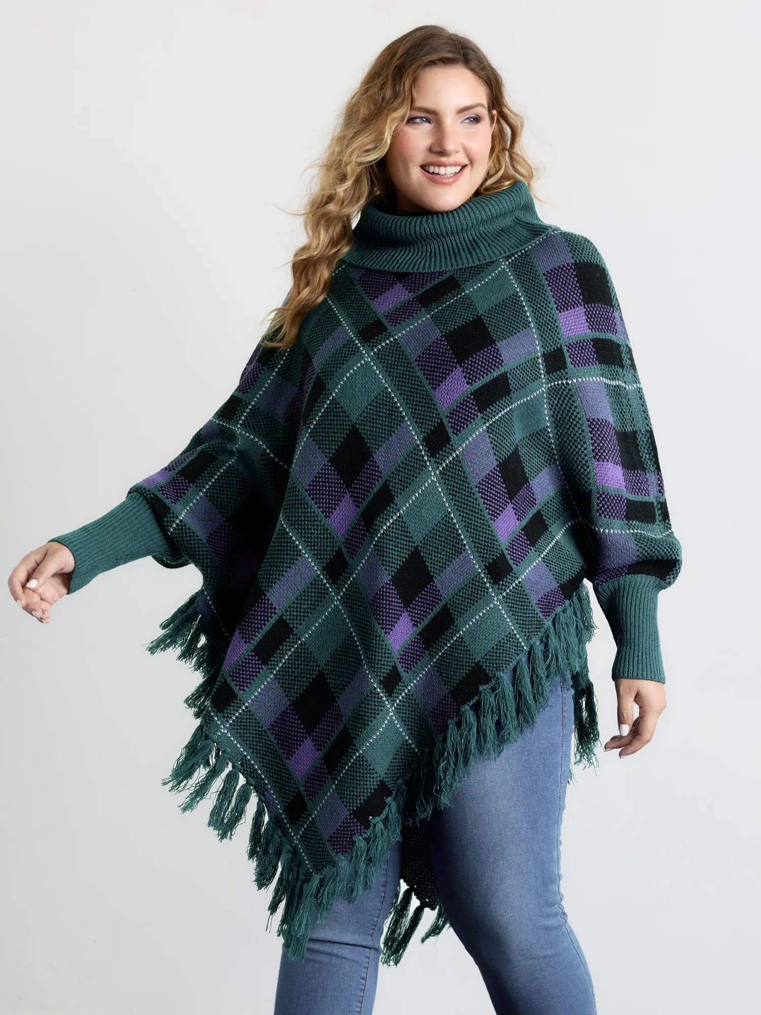 BloomChic Lady's Scarlet Plaid Turtleneck Pullover Sweater - Oversized Acrylic Knitting Fabric Long-Sleeve Fringe Hem Tunic Top, Indigo, Flat, Hand Wash, Loose Fit, Raglan Sleeves, Tunic Length, Garment, Casual, Do Not Dry Clean, Knitwear, Flat Dry, Baggy