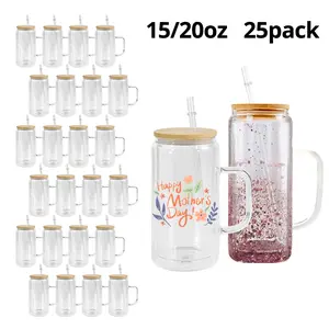 25pcs Reusable 15-20oz Round Sublimation Glass Cups with Handle, Bamboo Lid, Double Wall, Portable Design, Pre-Drilled Holes, Rubber Stoppers, DIY-Ready Kitchen Drinkware for Festive Gifts