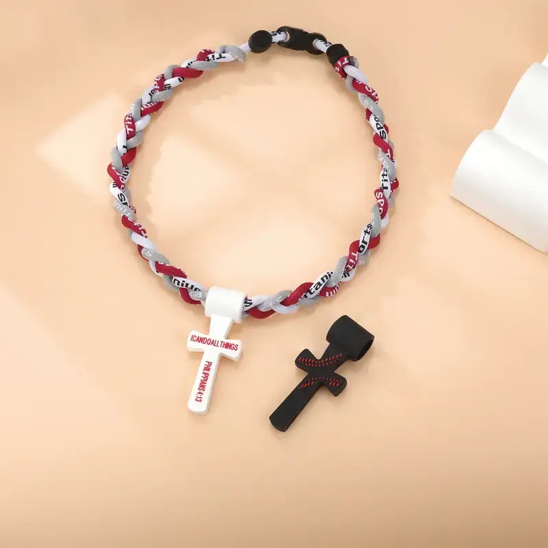 Baseball Necklace for Boys, Tornado Braided Silicone Rope with PHL 4:13 Cross Pendant, Durable 3-Strand Design for Baseball & Softball Players, Durable Fashion Accessory