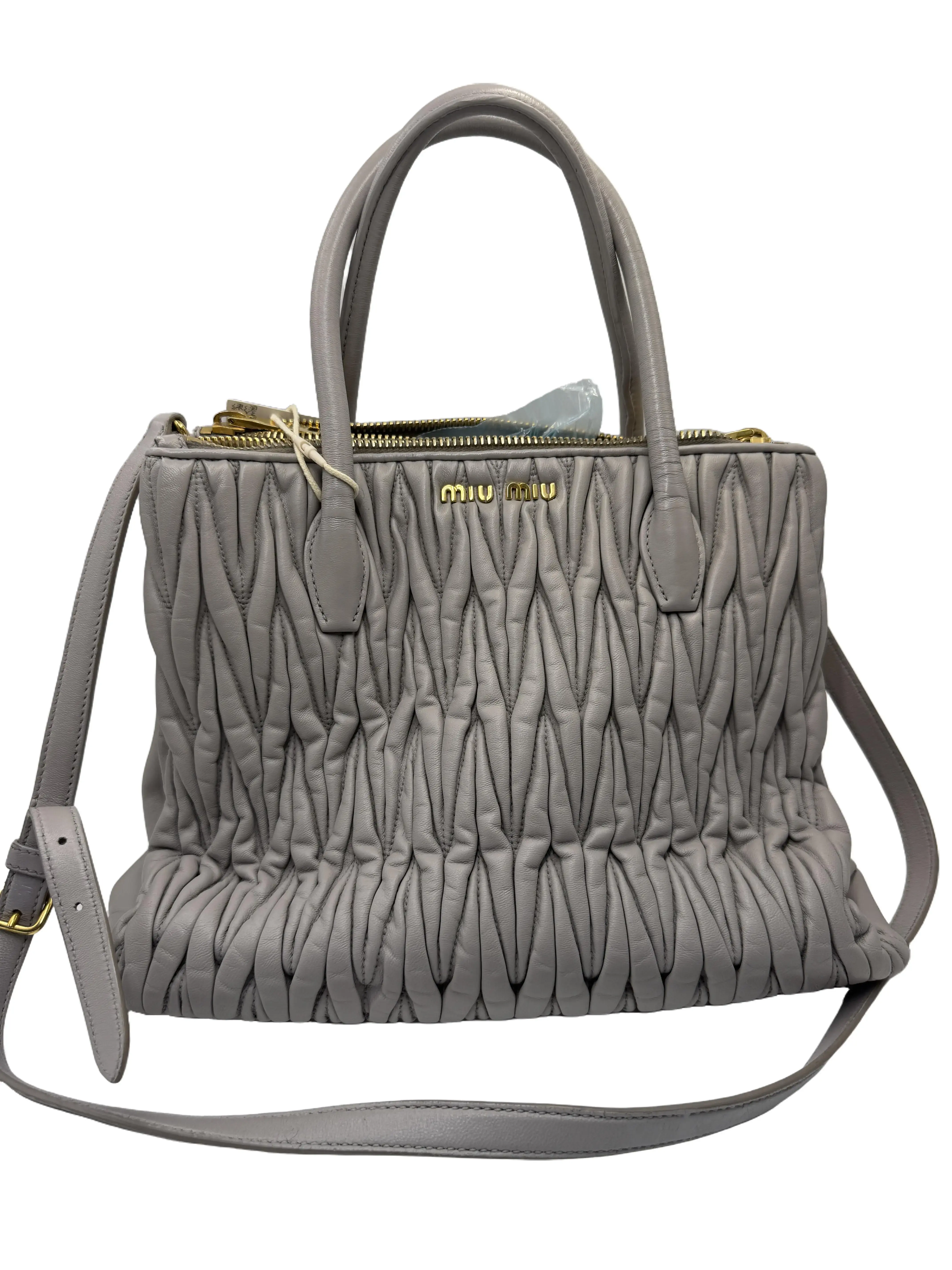 Pre-owned miu miu Matelasse Nappa Tote Taupe Grey Leather Handbag With Detachable Strap