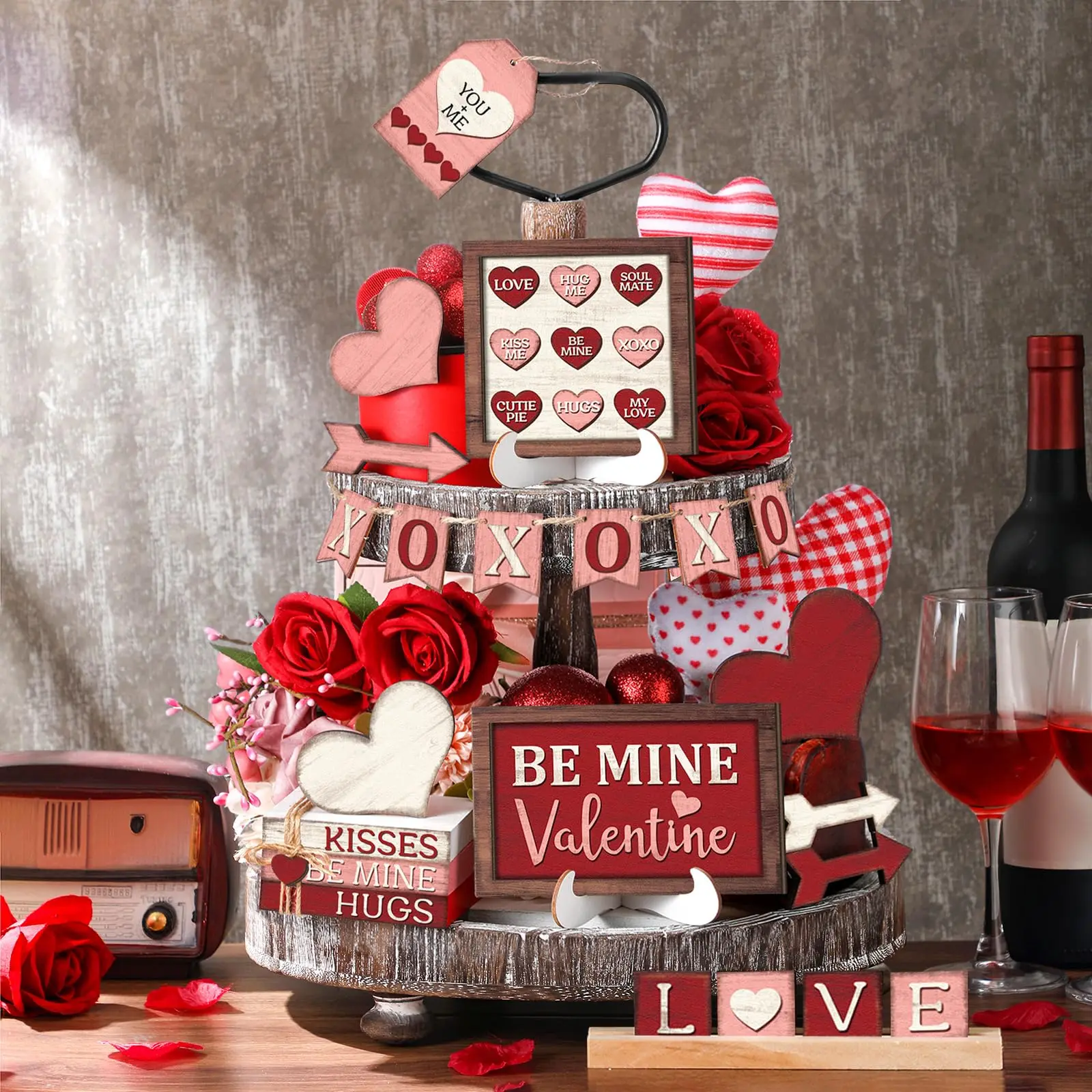 19-Piece Modern Love-Themed Valentine's Day Wooden Home Decor Ornaments Set (No Tray) - Layered Sign Centerpiece, Wedding Table Centerpieces for Home Party, Valentines Gift