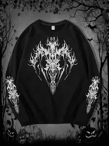 Men's Gothic Dark Style Printed Long Sleeve Fitted Crew Neck Sweatshirt, Casual Street Fashion Classic Pullover, Perfect Halloween Choice, Spring & Fall Wear