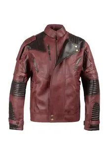 Guardians of the Galaxy Star Lords Jacket Premium Maroon Leather with Distressed Finish Black Ribbed Panels High-Neck Collar Reinforced Shoulders Tactical Design for Cosplay Streetwear Menswear Coats