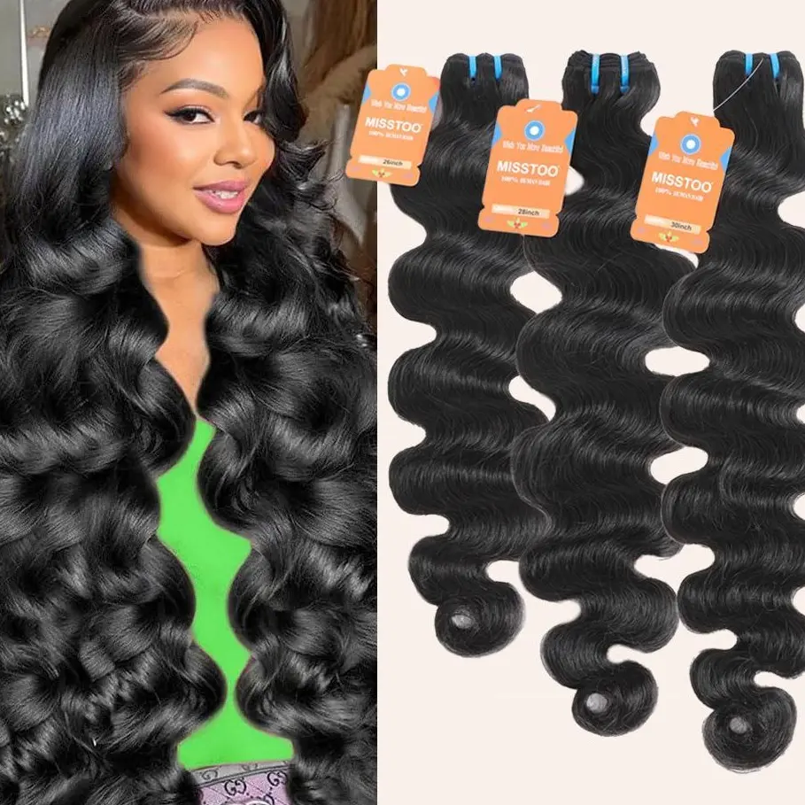 MISSTOO Body Wave Hair Bundles, Raw Brazilian Virgin Human Hair Weaves, Machine Double Weft for Sew-in, Tangle-Free & Low Shedding, 10-28 Inch, Bodywave Hair