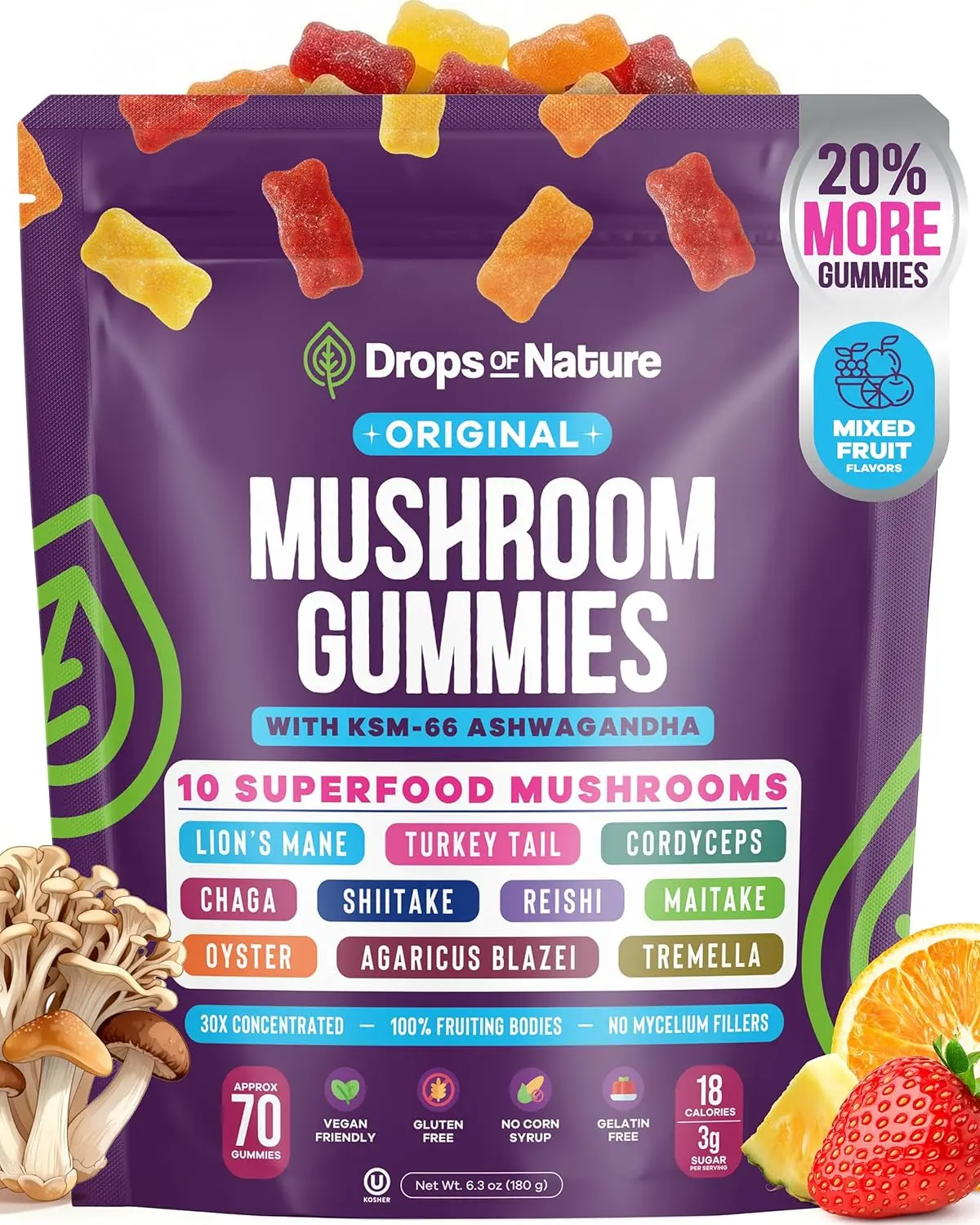 Drops Of Nature Ashwagandha KSM-66 Mushroom Complex Gummies, Reishi, Lion's Mane, Shiitake, Cordyceps, Turkey Tail, Maitake & Chaga Adaptogenic Supplement, Mixed Fruit Flavor, 80 Gummies mushroom gummies, ashwagandha gummies,functional mushroom supplement