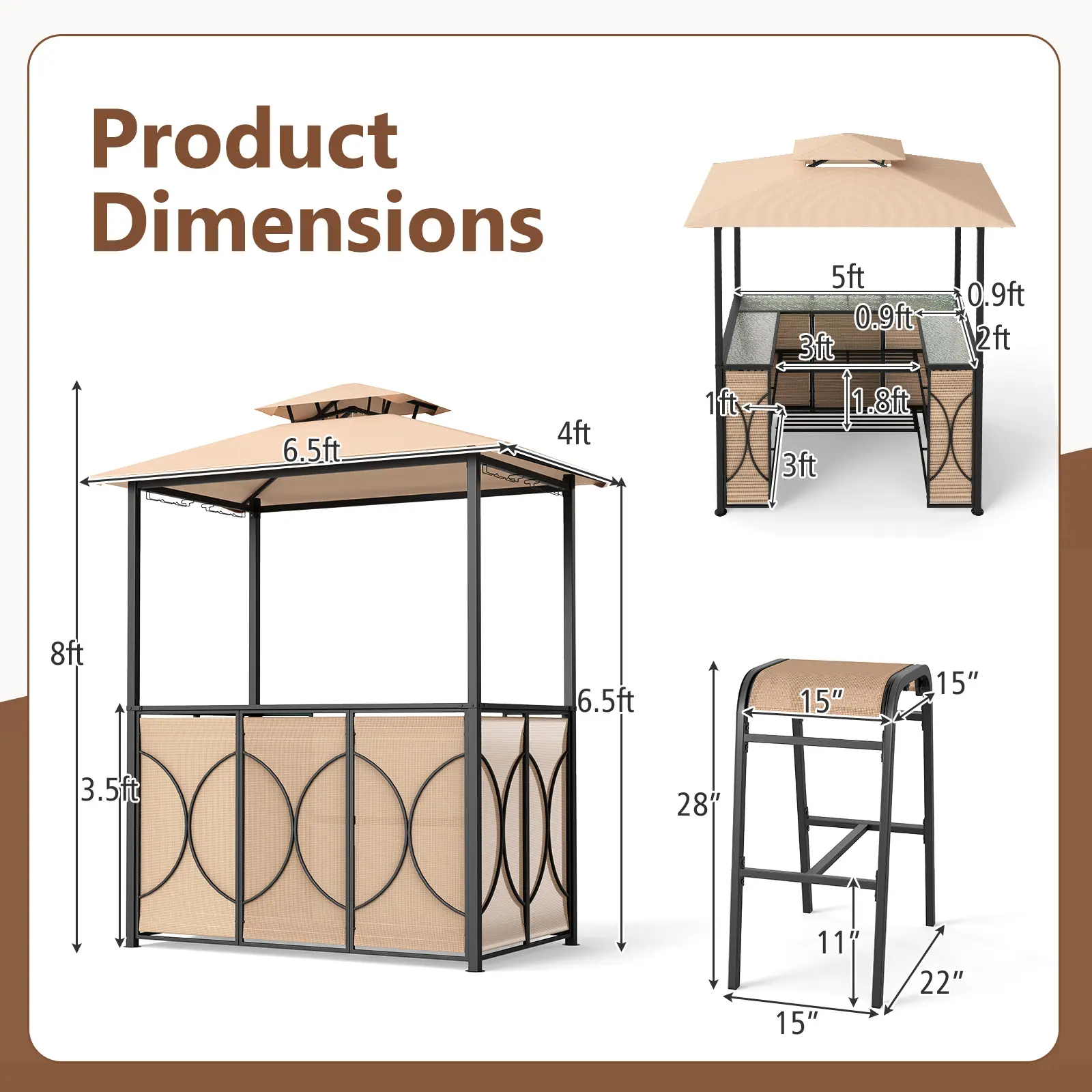 COSTWAY - 6.5 x 4 x 8 FT Grill Gazebo Set with 2 Bar Stools and Bar Table-Brown COSTWAY - 6.5 x 4 x 8 FT Grill Gazebo Set with 2 Bar Stools and Bar Table-Brown