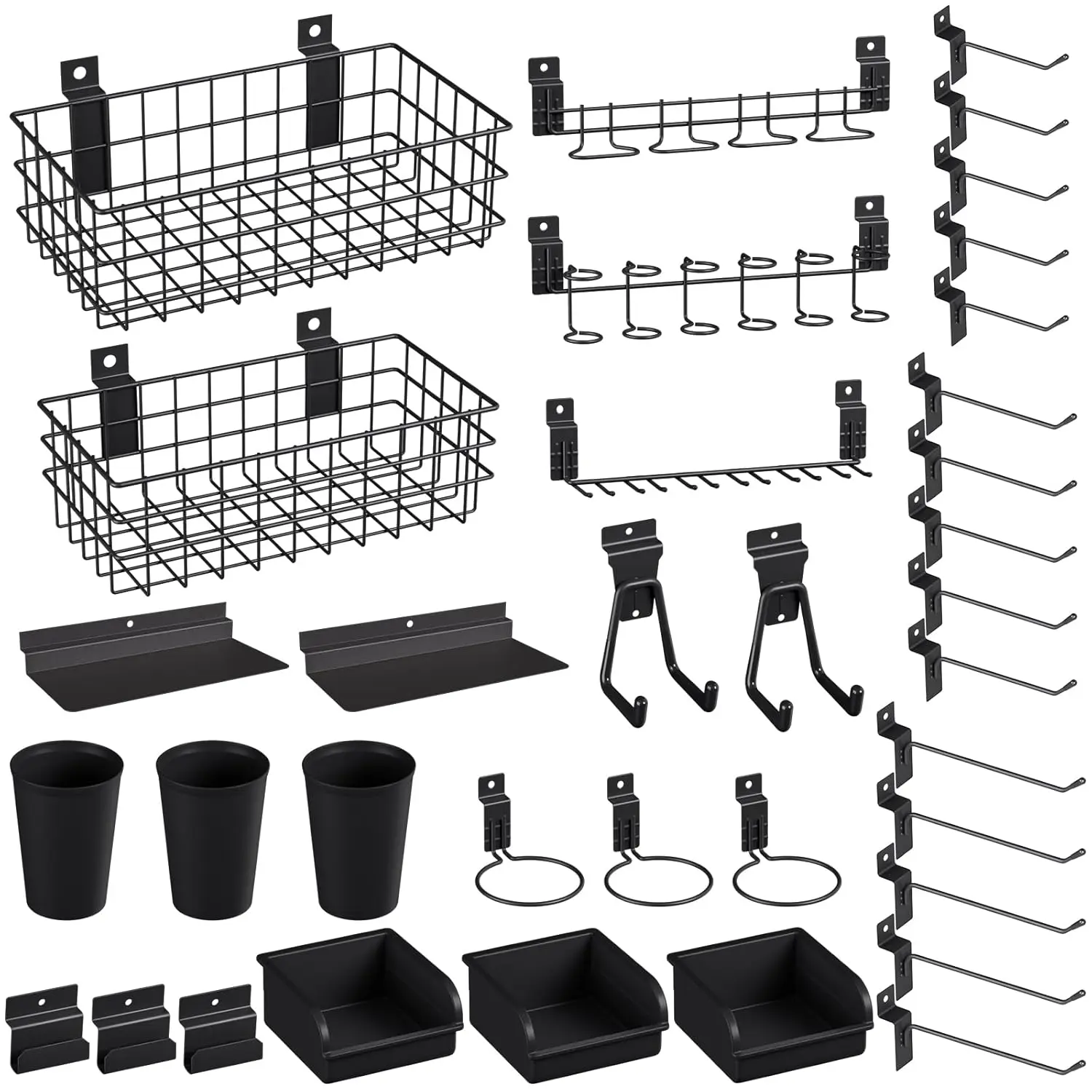30 count Slatwall Accessories Set with Slatwall Baskets, Slatwall Hooks, Slatwall Shelves, Slatwall Bins, Slatwall Cups, Heavy Duty Slat Wall Accessory for Garage Room Shop Organizing Display