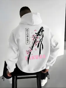 Men's Japanese Anime Samurai Cherry Blossom Floral Hoodie, Loose Fit Cartoon Style Pullover, Casual Winter Sweater for Cosplay and Daily Wear