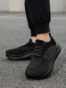 Unisex All-Black Knit Platform Walking Shoes: Mesh Breathable + Height-Increasing Anti-Slip, Couple Commute Sneakers