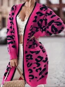 [Plus Size] Leopard Print Contrast Binding Drop Shoulder Baggy Oversized Cardigan, Casual Long Sleeve Open Front Knitwear Tops for Fall & Winter, Women's Plus Clothing for Daily Wear, Casual Fashion Knitwear