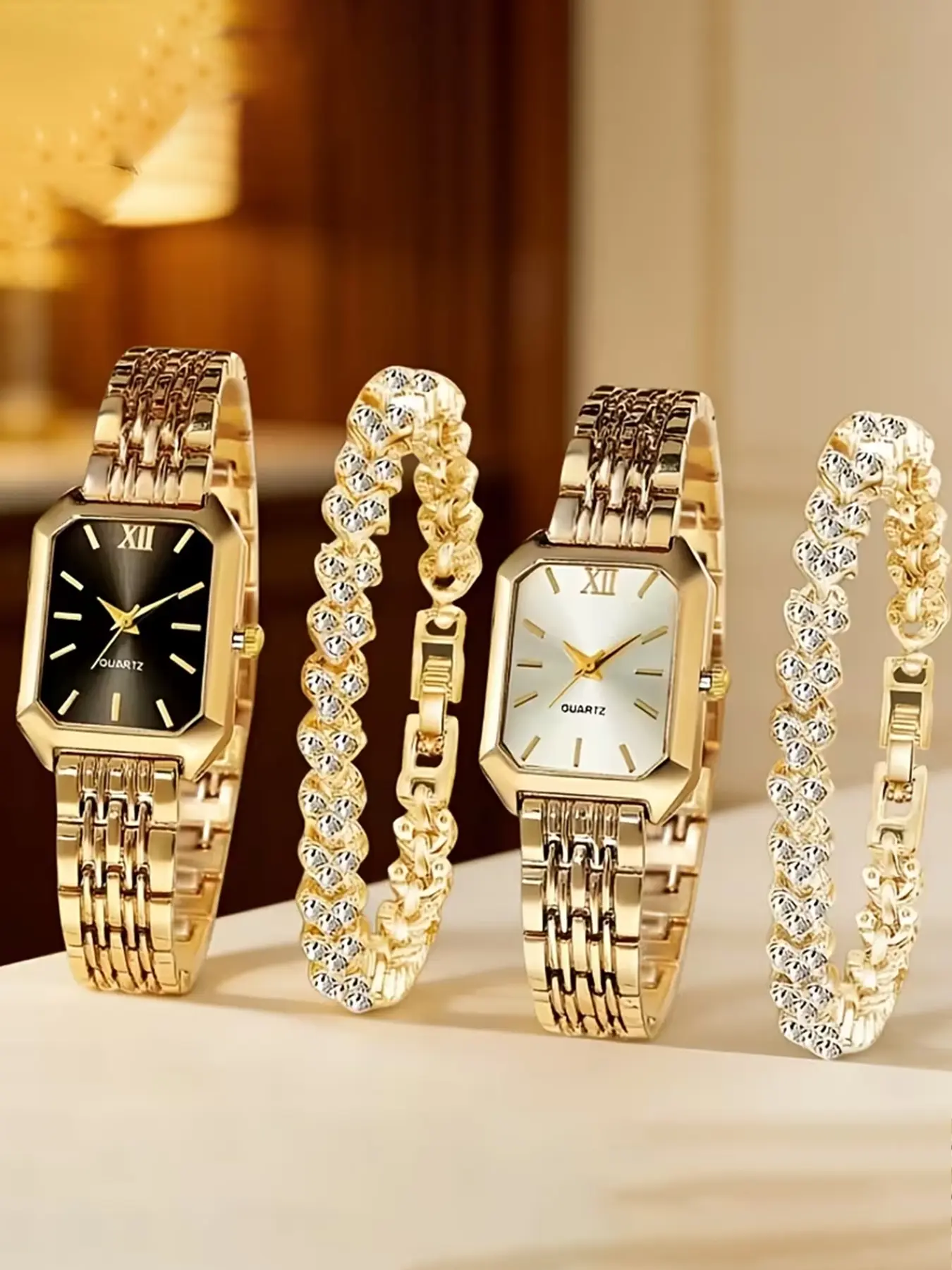 4-piece elegant women's watch and bracelet set, Exquisite Watch Set, Jewellery |, quartz watch, classic rectangular dial, alloy strap, ideal choice for Easter or casual wear