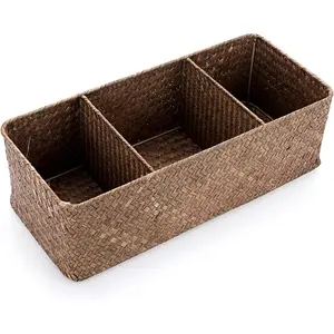 Coffee pod holder, large-capacity coffee pod organizer for K-Cups and Nespresso pods, handwoven seagrass storage basket, three-section wicker baskets for shelves and closets