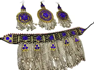 Afghani Vintage Jewelry Set Handmade Red Gold Kuchi Necklace with Matching Earrings for Women Traditional Afghan Craftsmanship Adjustable Tie Closure