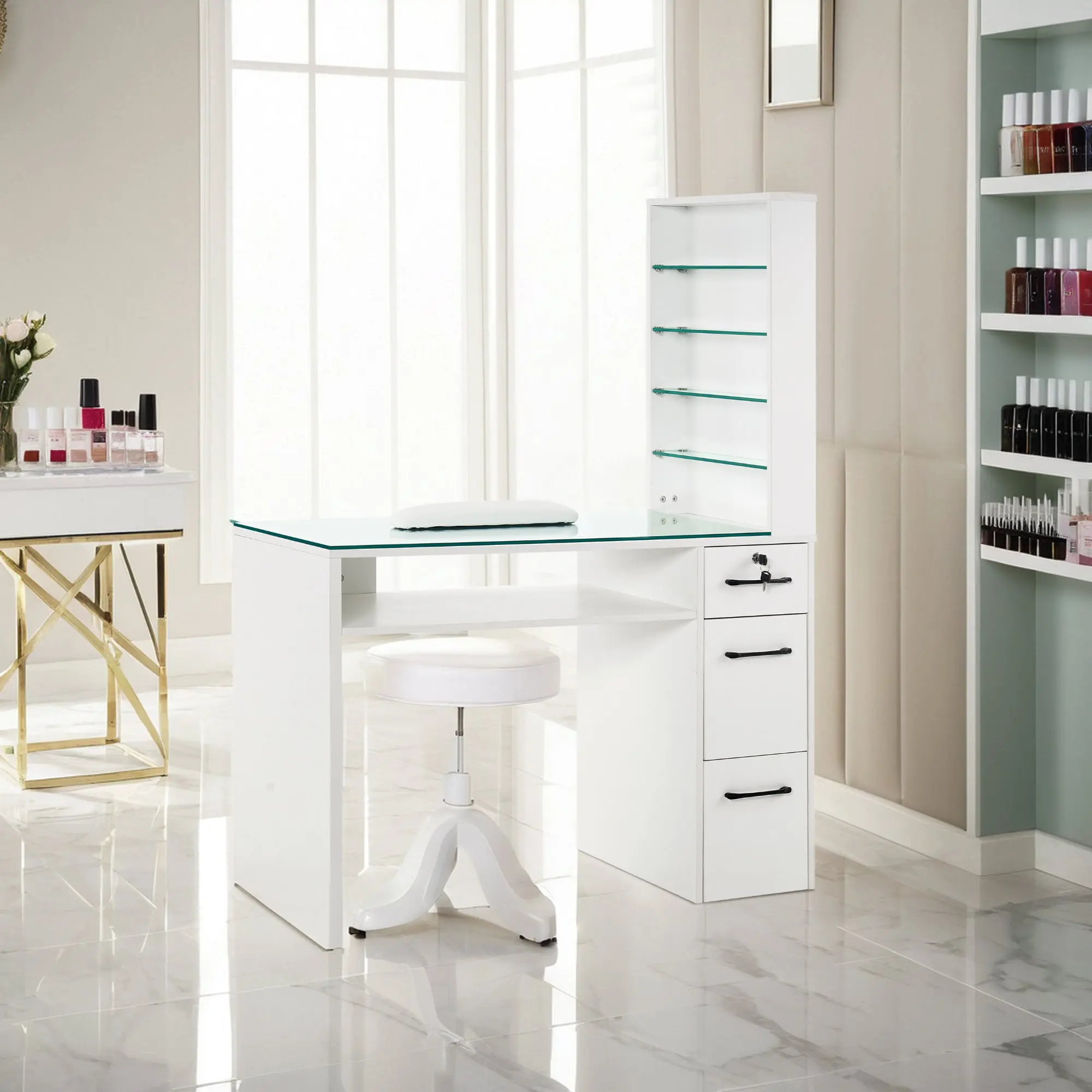 BarberPub Manicure Table - Nail Table Workstation with Open Shelves, Glass Top, Minimalist Salon Furniture, Commercial Equipment (Model 2673)
