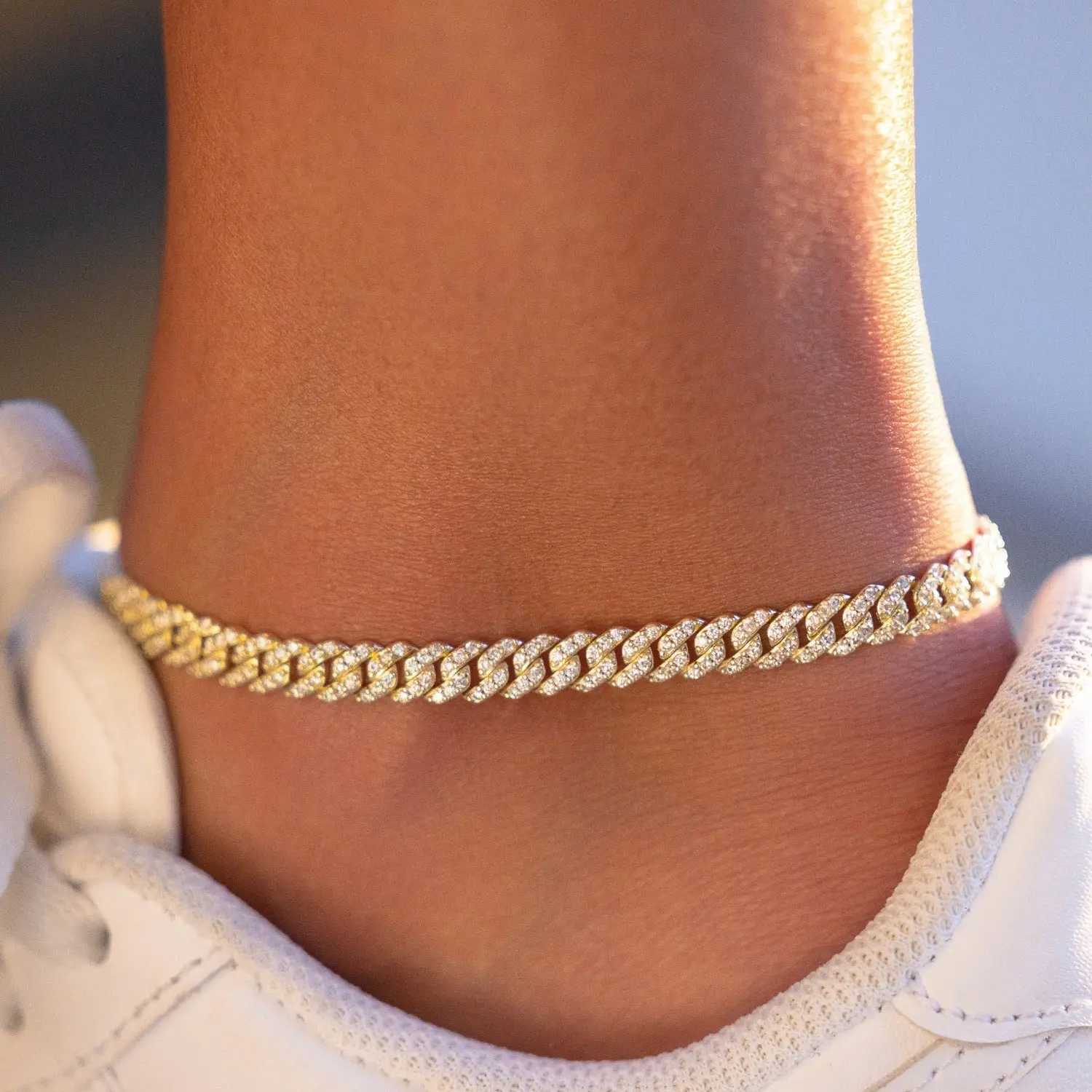 GLD Micro Diamond Prong Cuban Anklet in Yellow Gold - 6mm - Perfect Gift