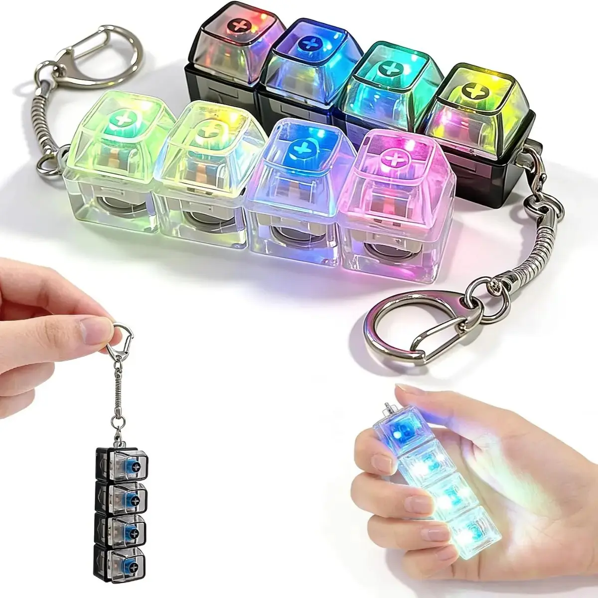 Keychains with LED Lights, Stylish Keychain, Keyboard Fingertip Toys, Anxiety Relief Clickers, Transparent Color, Stress Reliever, Keychain Set office decor cute