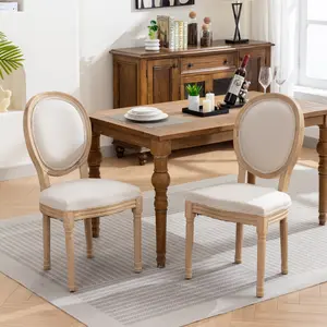 French Country Dining Chairs Set of 2, Upholstered Dining Room Chairs with Round Back Farmhouse Kitchen Chairs for Living Room, Kitchen, Restaurant (Linen Fabric,