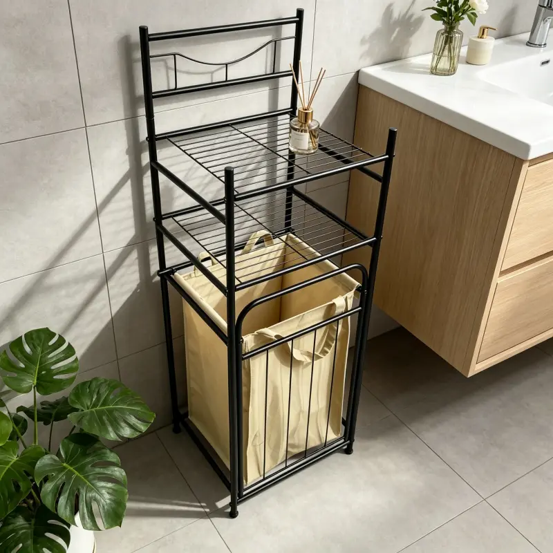 3-Tier Metal Bathroom Storage Shelf with Removable Laundry Hamper Bag, Multifunctional Freestanding Clothes Organizer Rack for Bathroom Bedroom Laundry Room