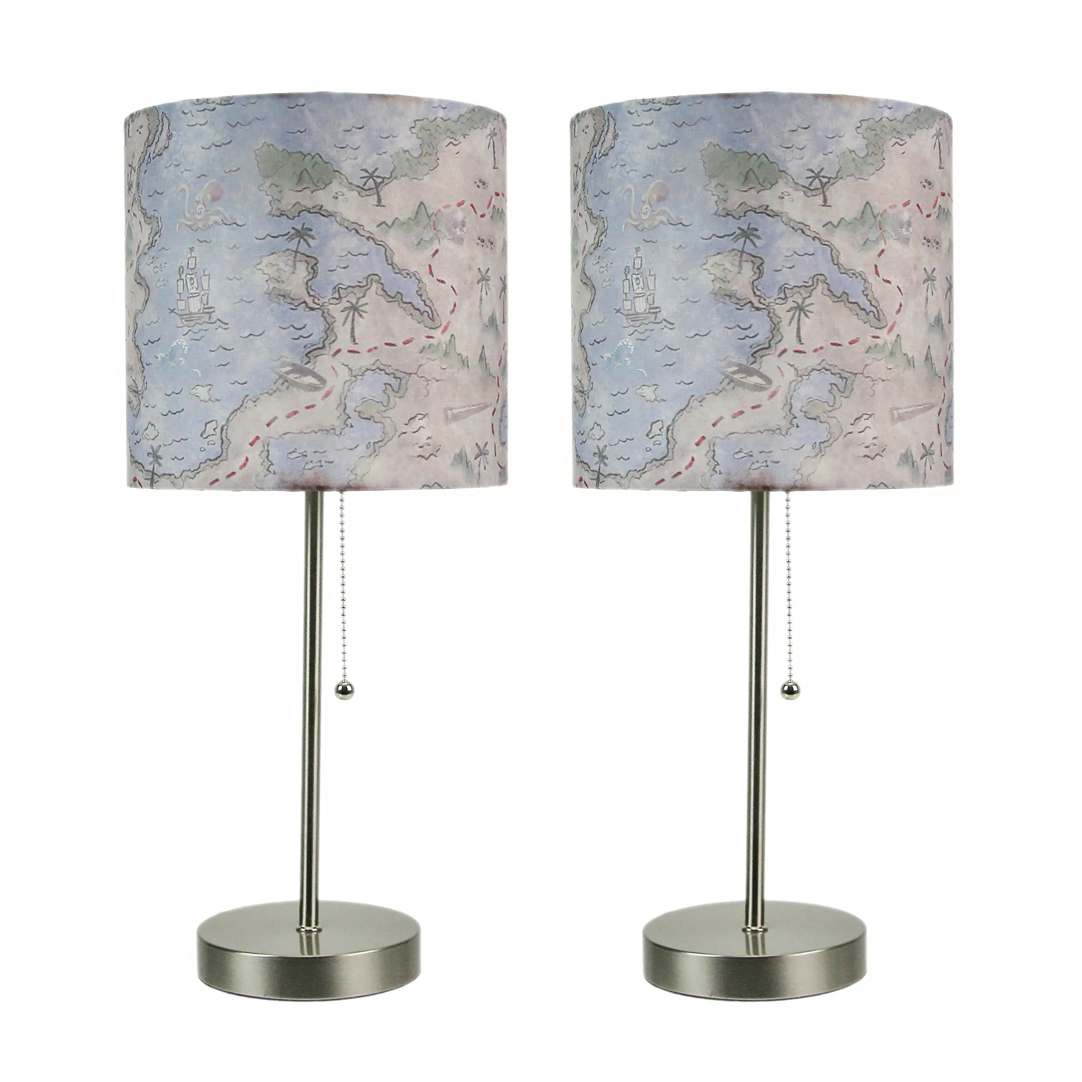 Set of 2 Treasure Map Lamps - 19in Brushed Nickel for Pirate Coastal Glow