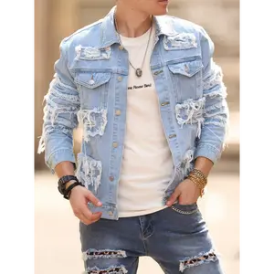 [Distressed Denim Jacket] Distressed Denim Slim Fit Jacket - Men's Casual Streetwear, Flap Pockets, Non-Stretch Fabric, Machine Washable