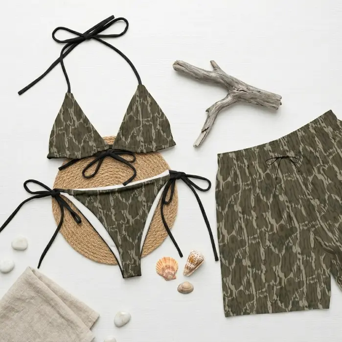 Matching Bottomland Camo Couples Swimwear – Tie Side Thong Bikini & Men’s Beach Shorts Set, Hawaiian Style Summer Beach Outfit, Lightweight Quick Dry Pool Party Swimsuit