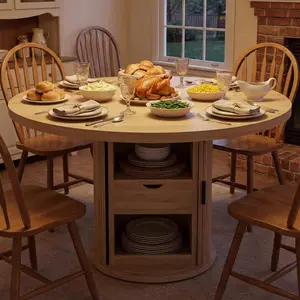 Garvee 47" Round Farmhouse Dining Table with 2-Layer Storage Shelf and Drawer, Circle Design Seating 4-6 People, Suitable for Dining Room, Kitchen, or Living Room, Available in Natural, Walnut, and Black Finishes
