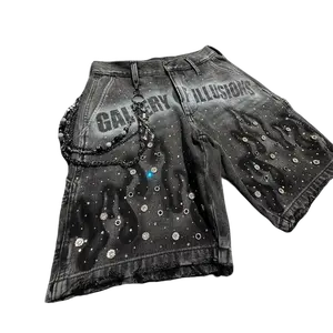 Fashion Distressed Jeans Retro Rhinestone Flame Pattern Print Casual Washed Denim Shorts Unisex High Waist Streetwear Pants Man Menswear Man Man