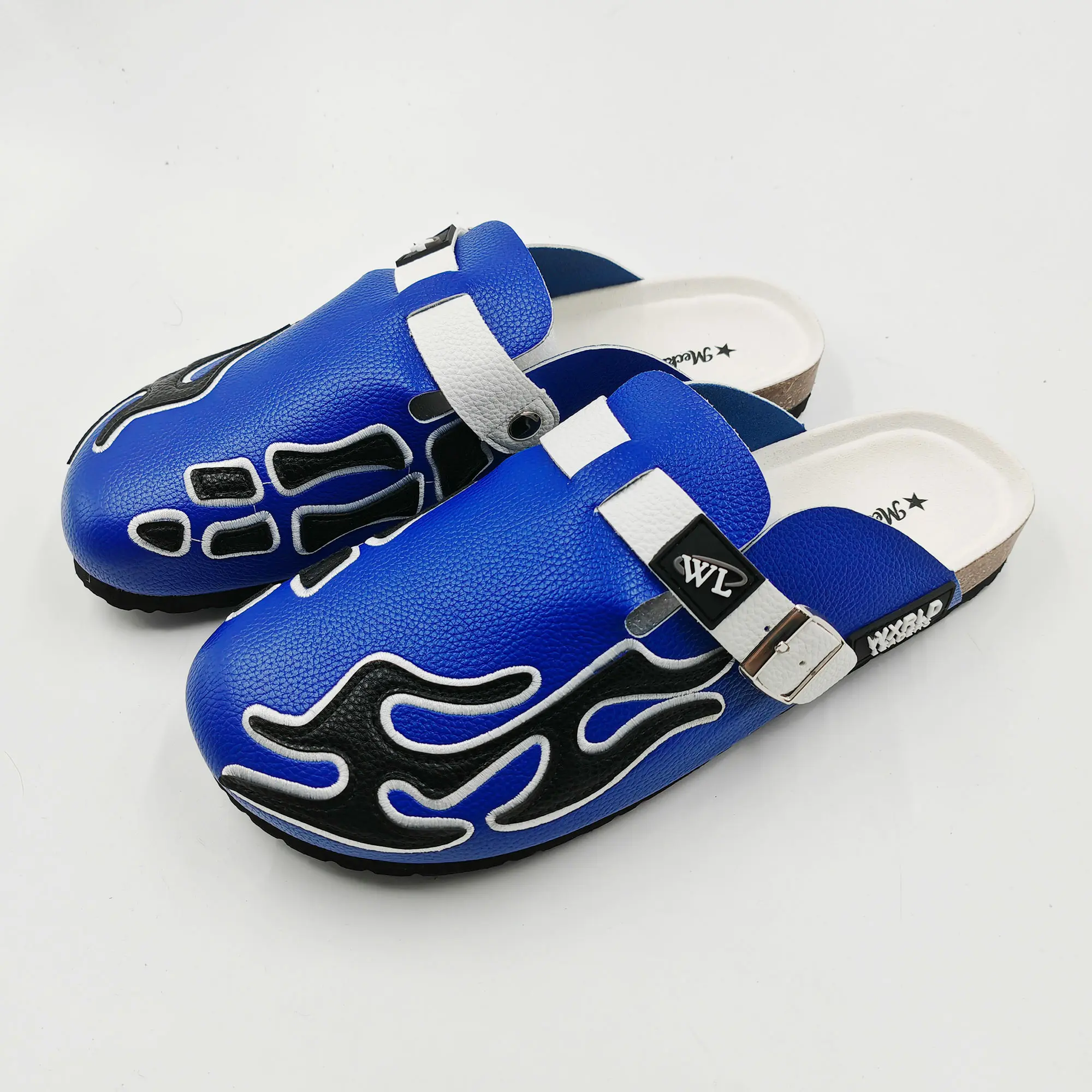 MECKMANLY Men's Flame Embroidery Cow Hide Leather Clogs - Platform Slip-On Shoes with Buckle Ankle Strap, Flexible All-Season Casual Streetwear Footwear, Platform Sandals