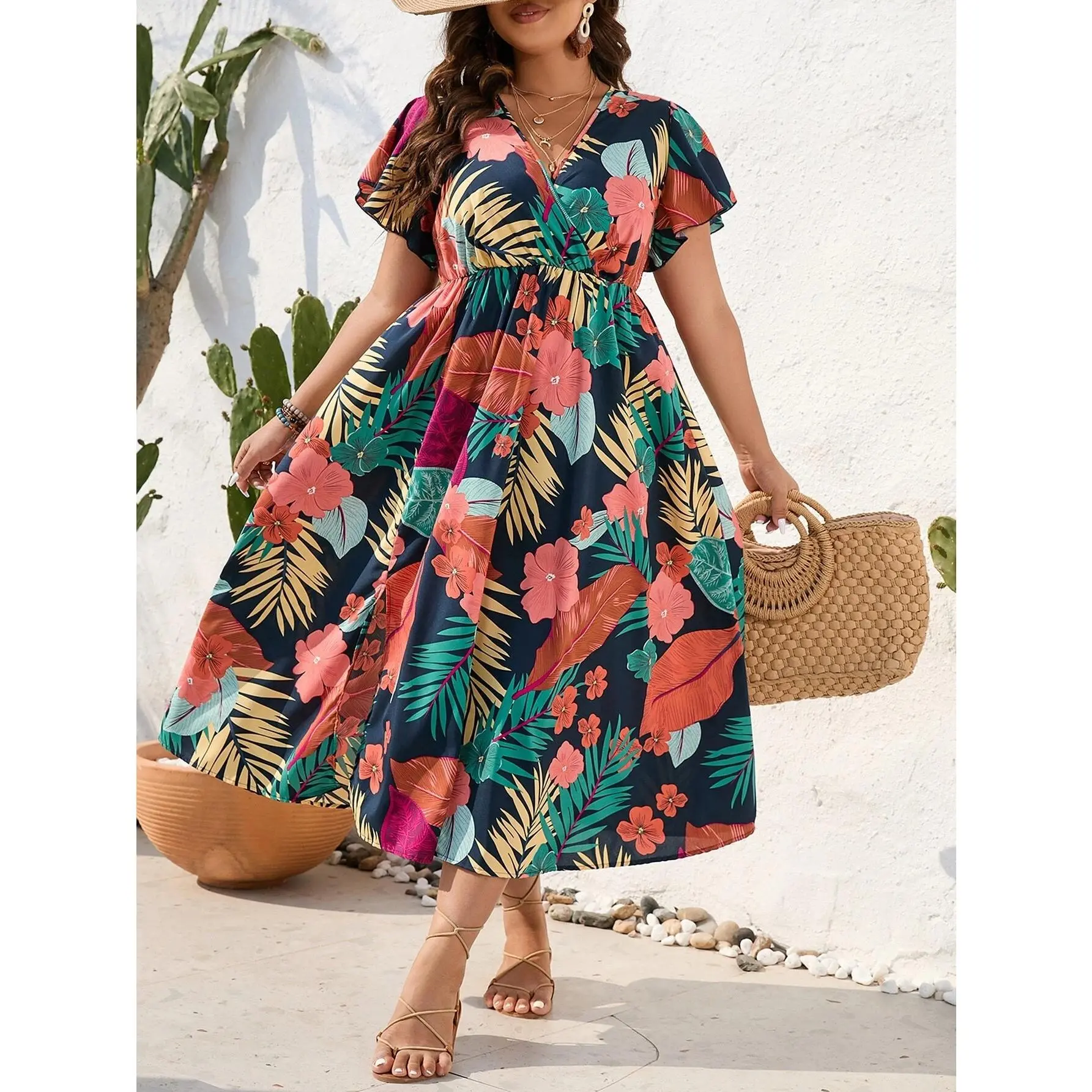 Plus Size Tropical Print Butterfly Sleeve Maxi Dress for Women Stylish Flowy Outfit boho fashion casual dress Fabric Summer A-Line Exotic Colorful Breathable Lightweight 100% polyester Womenswear