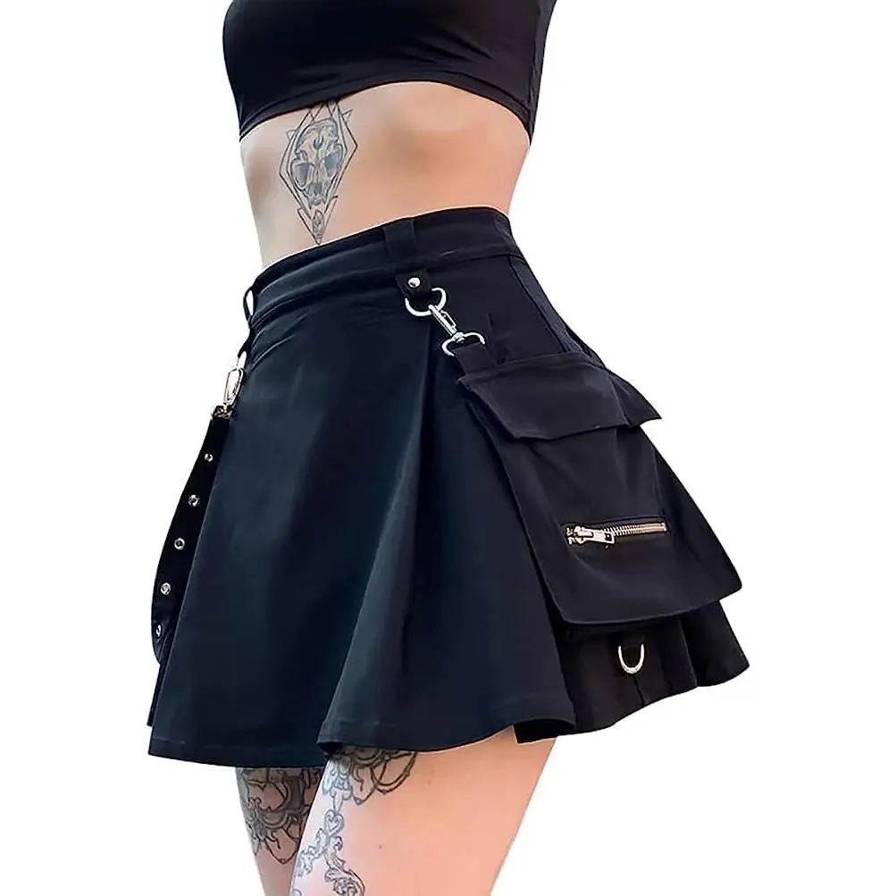 Women's Gothic Velvet High-Waisted Pleated A-Line Mini Skirt - Solid, Simple Chain Detail, Multi-Size, Pleated Cut, Mini Length, Suitable for Casual Wear, Daily Life