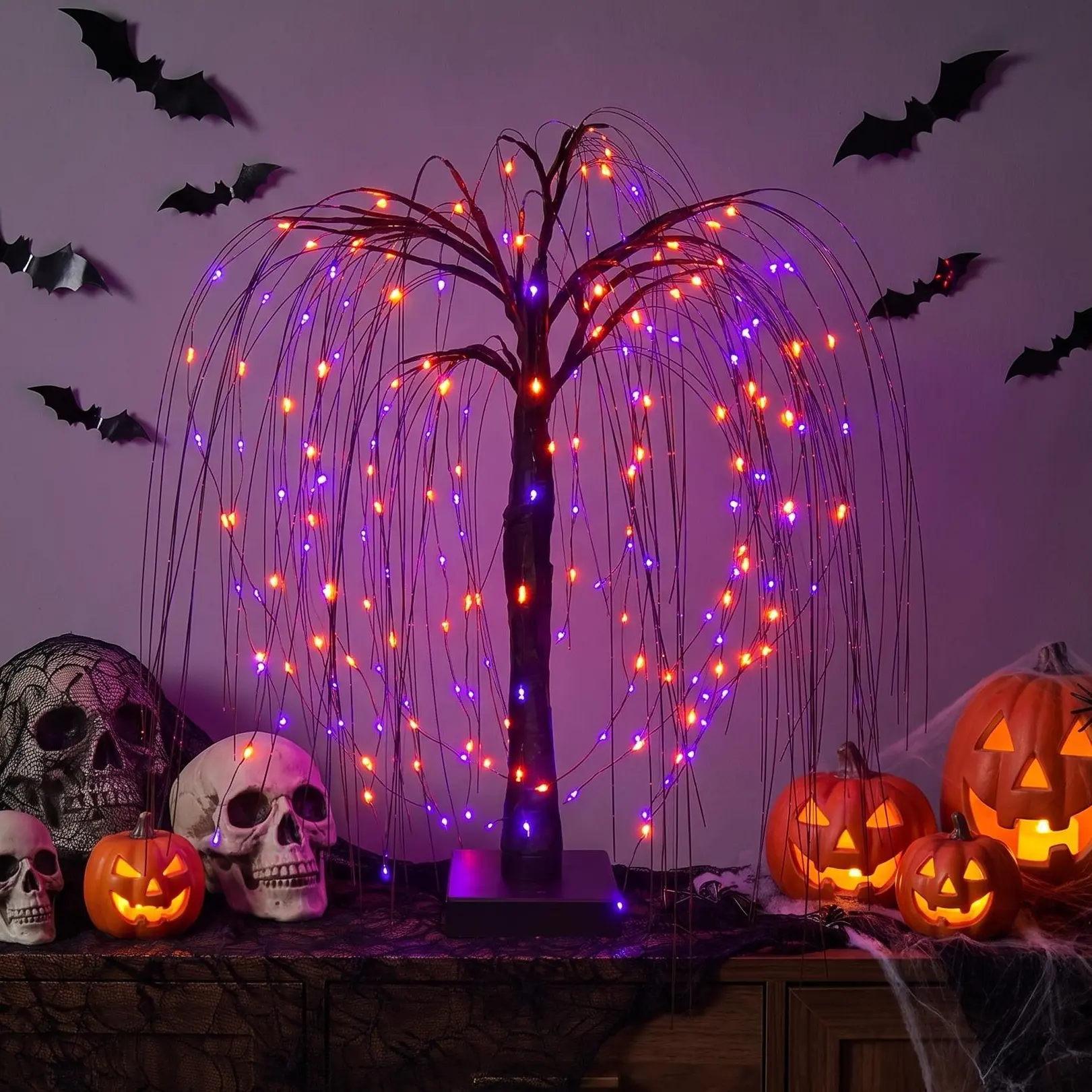 Halloween Irregular Willow Tree LED Lights - Orange-Purple Colorful Lights, USB/Battery Powered, Gothic Look Spooky Tabletop Props, Party Decoration Supplies, Halloween Decorations