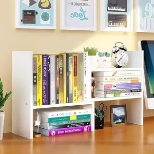 Desktop Shelf Organizer, Adjustable Wood Office Storage Rack, Counter Display Small Bookshelf for Home/Office/School(White)