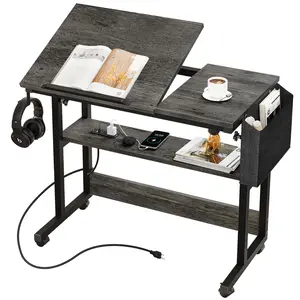 YITAHOME Height Adjustable Table with Charging Station, Portable Desk with Wheels, Small Standing Rolling Computer Desk with Tiltable Tabletop and Storage Bag