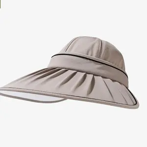 Full-shade dual-purpose zip-up open-top hat for women, ruched with enlarged brim, sun protection outdoor UV hat