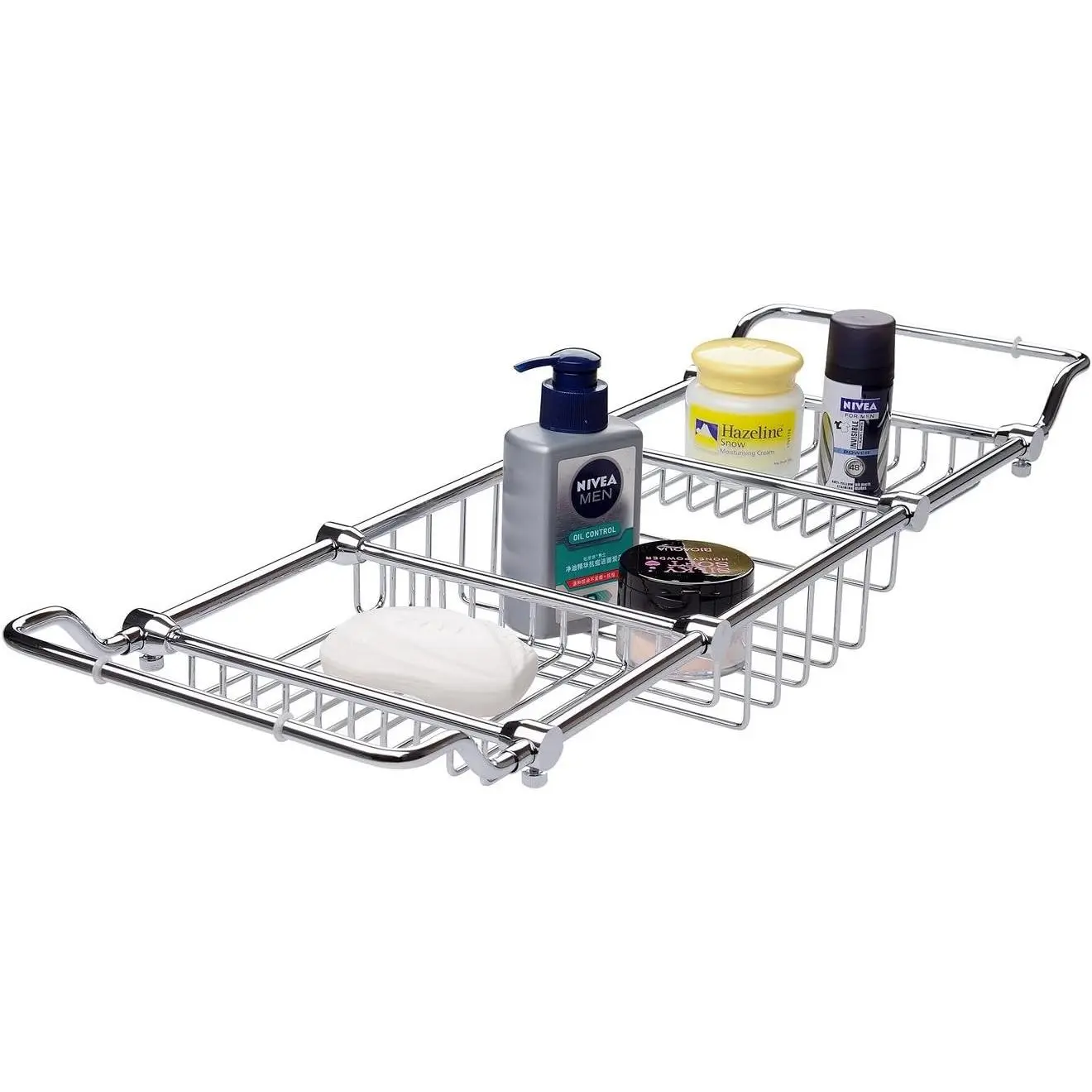 Brass Expandable Bathtub Caddy Over Tub Rack with Chrome Polished Finish for Elegant Bath Storage