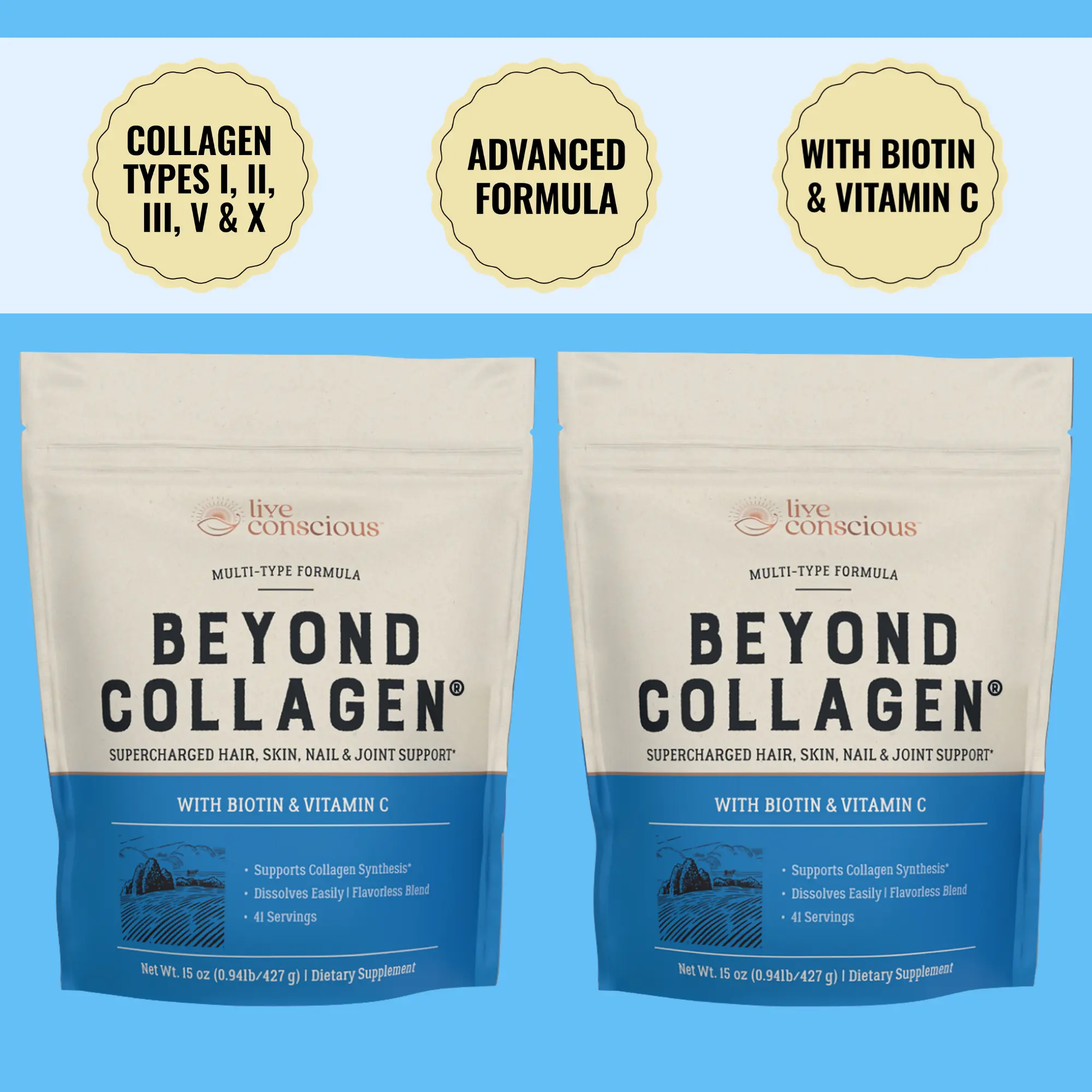 Live Conscious Beyond Collagen Multi Collagen Powder 2 Pack - Types I, II, III, V & X Hydrolyzed Collagen Peptides Powder Blend w/ Biotin & Vitamin C